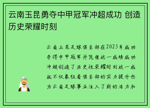 云南玉昆勇夺中甲冠军冲超成功 创造历史荣耀时刻