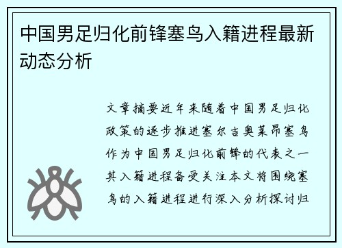 中国男足归化前锋塞鸟入籍进程最新动态分析 中国男足归化前锋塞鸟入籍进程最新动态分析
